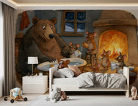 Woodland Friends Bear Bath Time With Mice In A Cozy Winter Cabin Scene Wall Mural