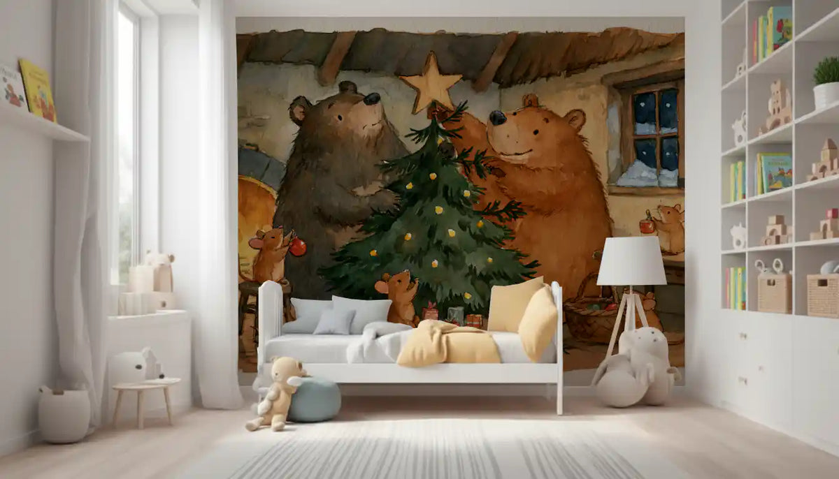 Woodland Friends Bears Decorate A Christmas Tree With Little Mice Tale Wall Mural