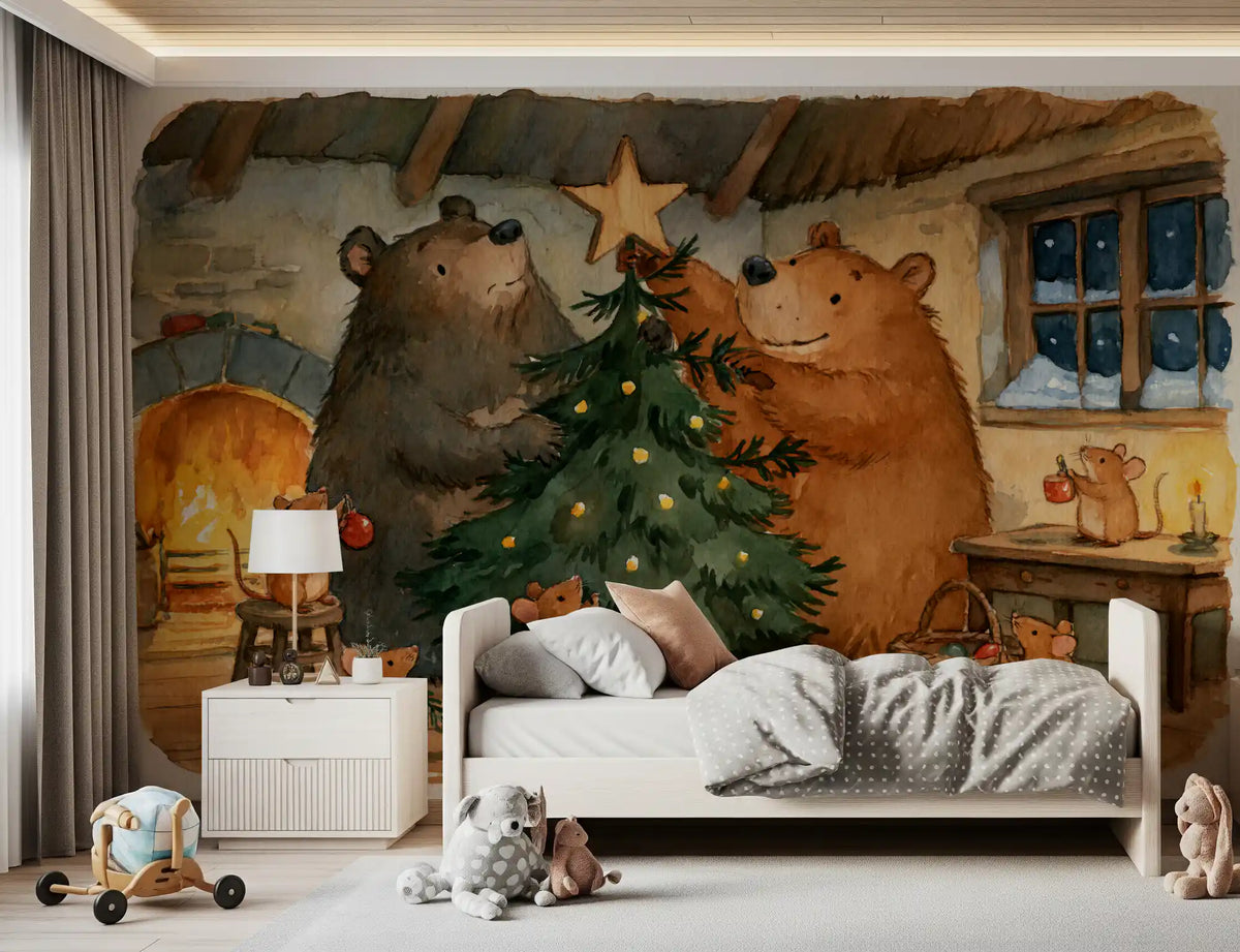 Christmas wallpaper mural behind a white daybed with gray bedding and a wooden pull toy GD13460