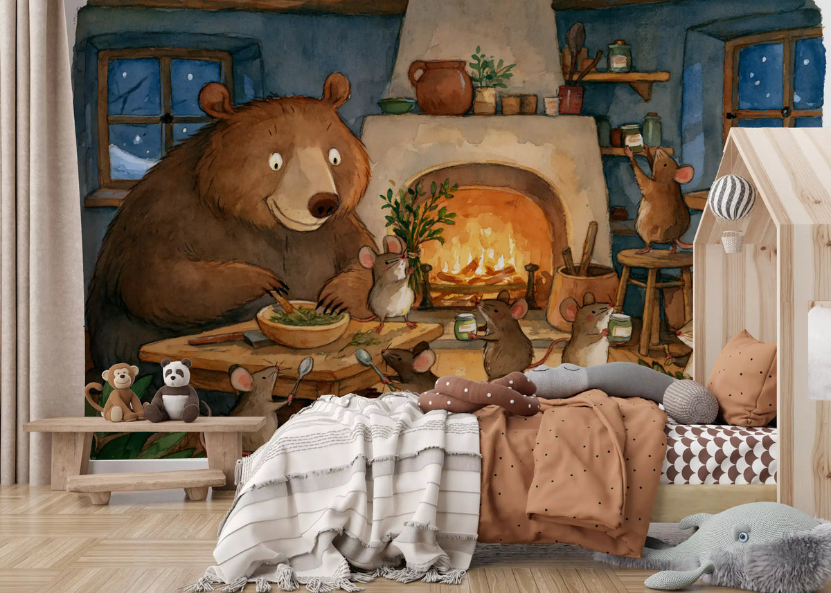 Woodland Friends Bear And Mice In Cozy Cottage Kitchen Story Scene Wall Mural
