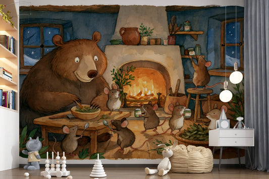 Woodland Friends Bear And Mice In Cozy Cottage Kitchen Story Scene Wall Mural