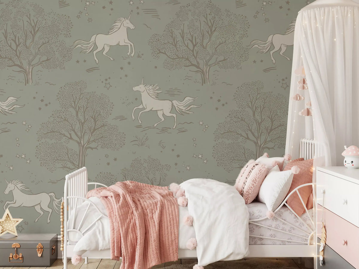 Magical Unicorn Dreamland – Sage Green Wall Mural Wall Mural