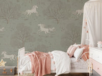 Magical Unicorn Dreamland – Sage Green Wall Mural Wall Mural