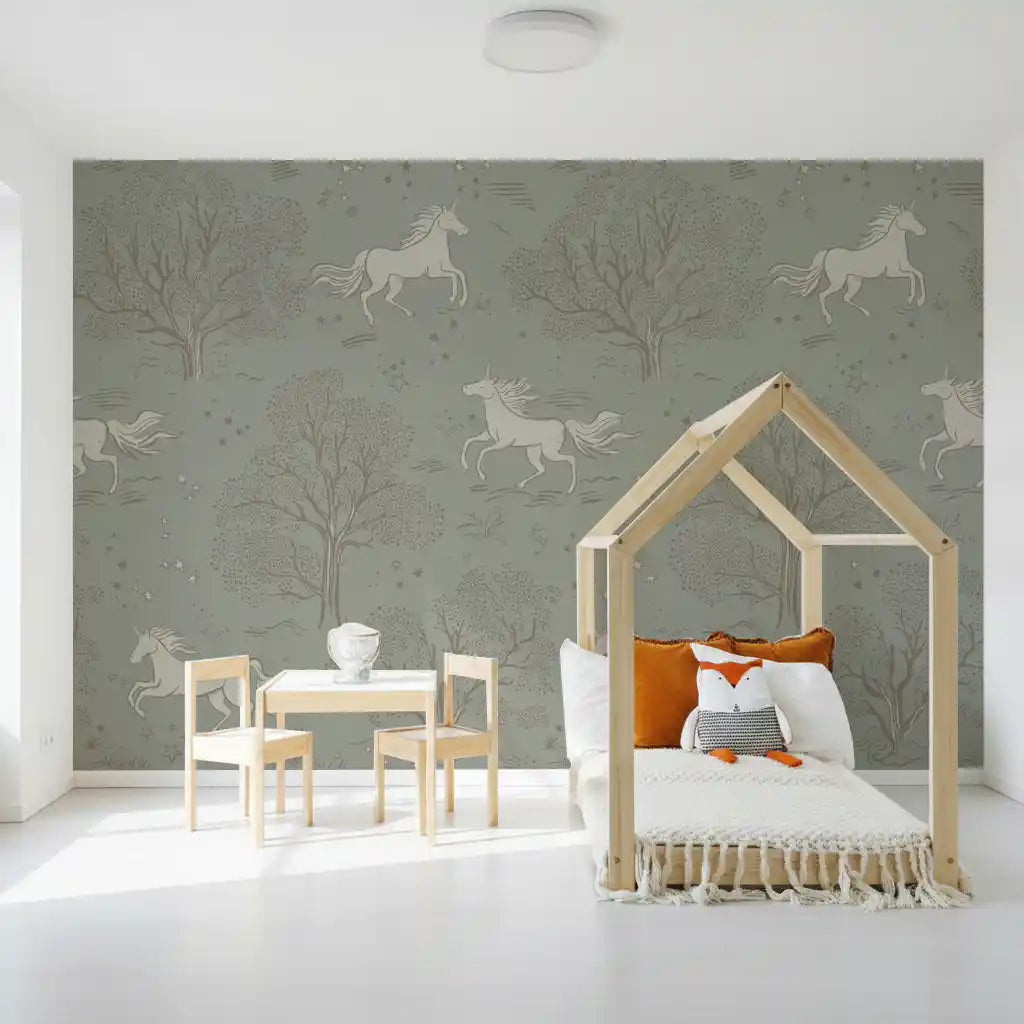 Magical Unicorn Dreamland – Sage Green Wall Mural Wall Mural