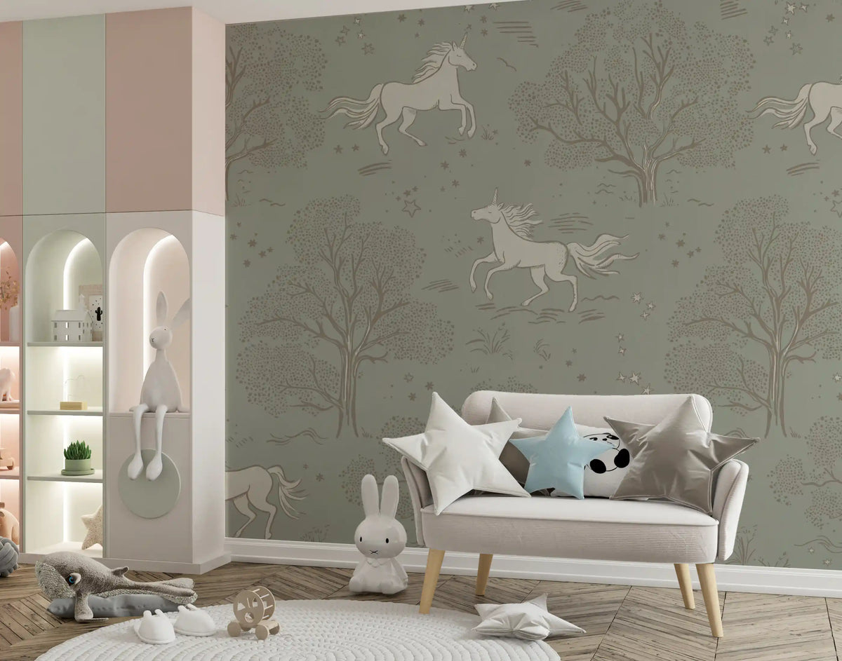 Magical Unicorn Dreamland – Sage Green Wall Mural Wall Mural