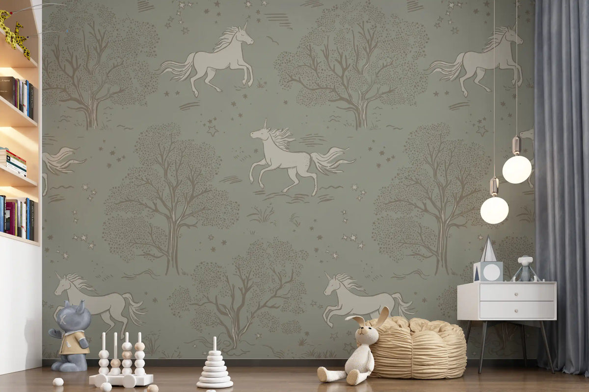 Magical Unicorn Dreamland – Sage Green Wall Mural Wall Mural