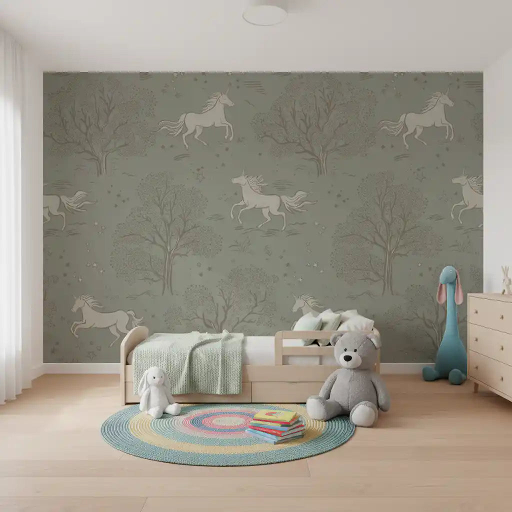 Magical Unicorn Dreamland – Sage Green Wall Mural Wall Mural