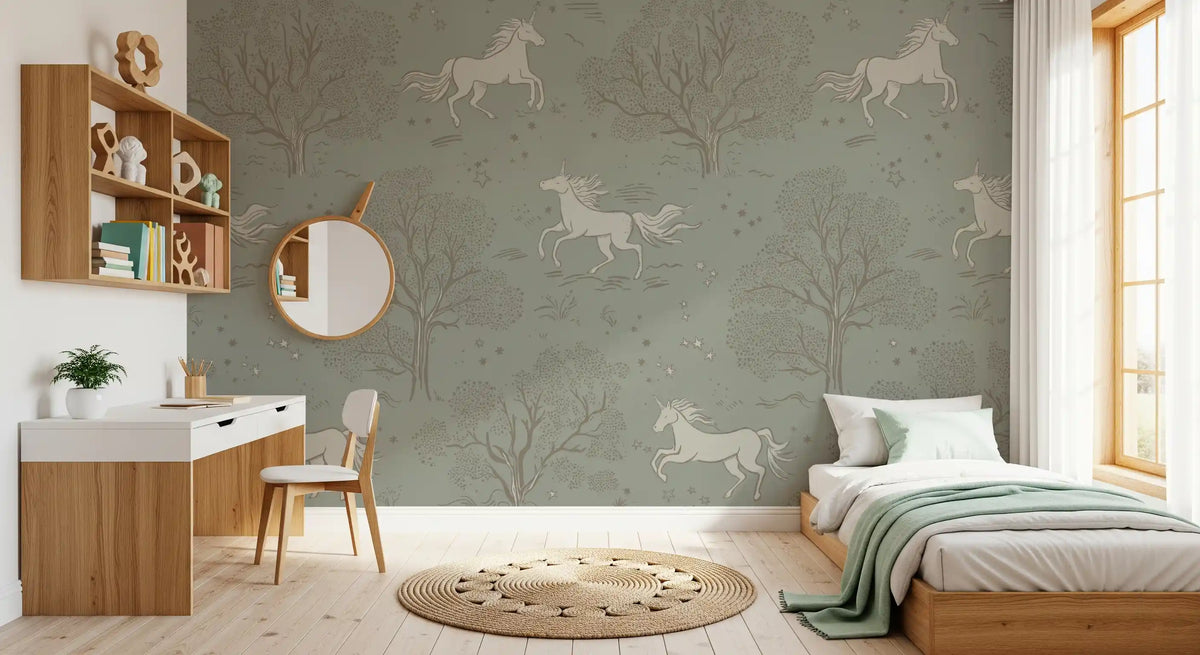 Magical Unicorn Dreamland – Sage Green Wall Mural Wall Mural