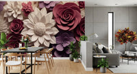 3D Velvet Bloom Dimensions in Burgundy and Lilac Wall Mural
