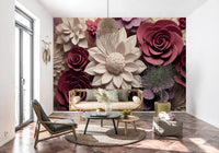 3D Velvet Bloom Dimensions in Burgundy and Lilac Wall Mural