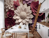 3D Velvet Bloom Dimensions in Burgundy and Lilac Wall Mural