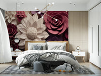3D Velvet Bloom Dimensions in Burgundy and Lilac Wall Mural