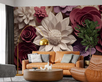 3D Velvet Bloom Dimensions in Burgundy and Lilac Wall Mural