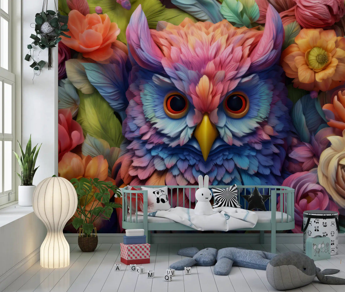 Vibrant Floral Owl Portrait Wall Mural