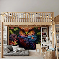 Vibrant Rainbow Owl Amongst Garden Blooms Wall Mural