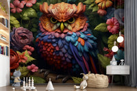 Vibrant Rainbow Owl Amongst Garden Blooms Wall Mural