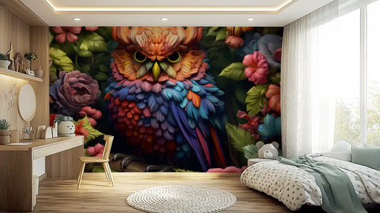 Owl wallpaper in a kids bedroom with wooden desk, round mirror, polka dot bedding and jute rug GD13468