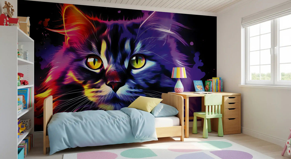 Cat wallpaper mural in a kids bedroom with a light blue duvet, wooden desk and green chair GD13471