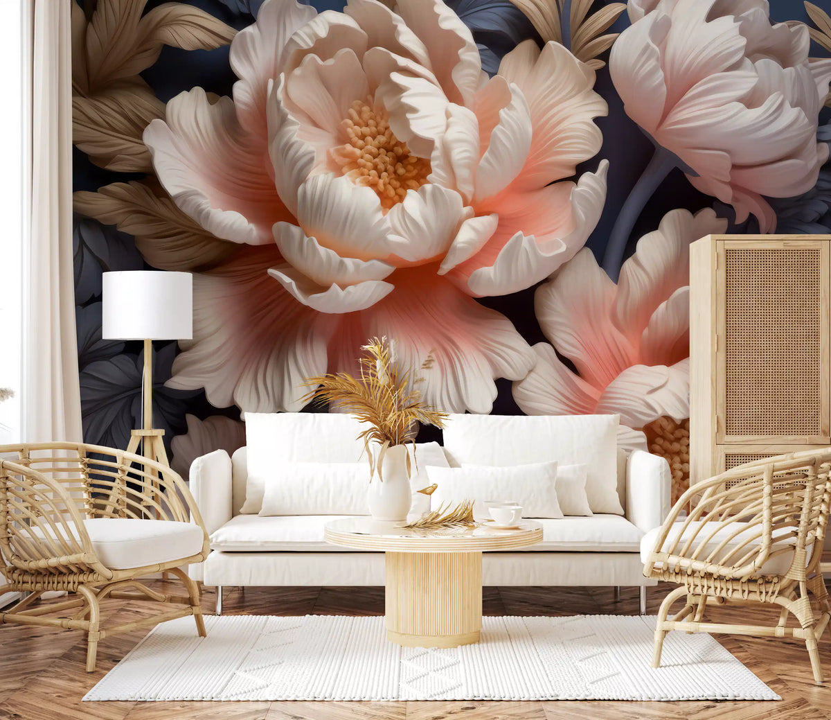 Peony wallpaper behind a white sofa, rattan armchairs and round wood coffee table GD13479