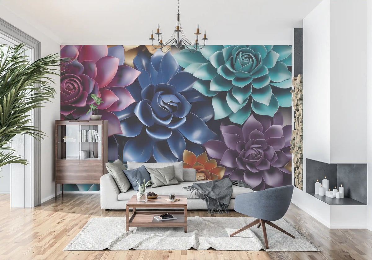 Sculptural Floral Layers in Jewel Tones Wall Mural