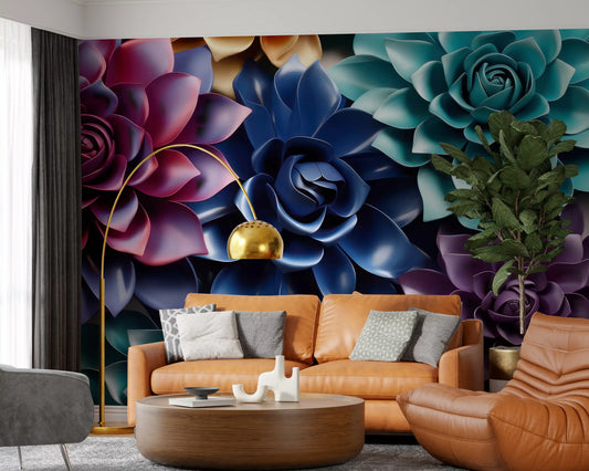 Sculptural Floral Layers in Jewel Tones Wall Mural