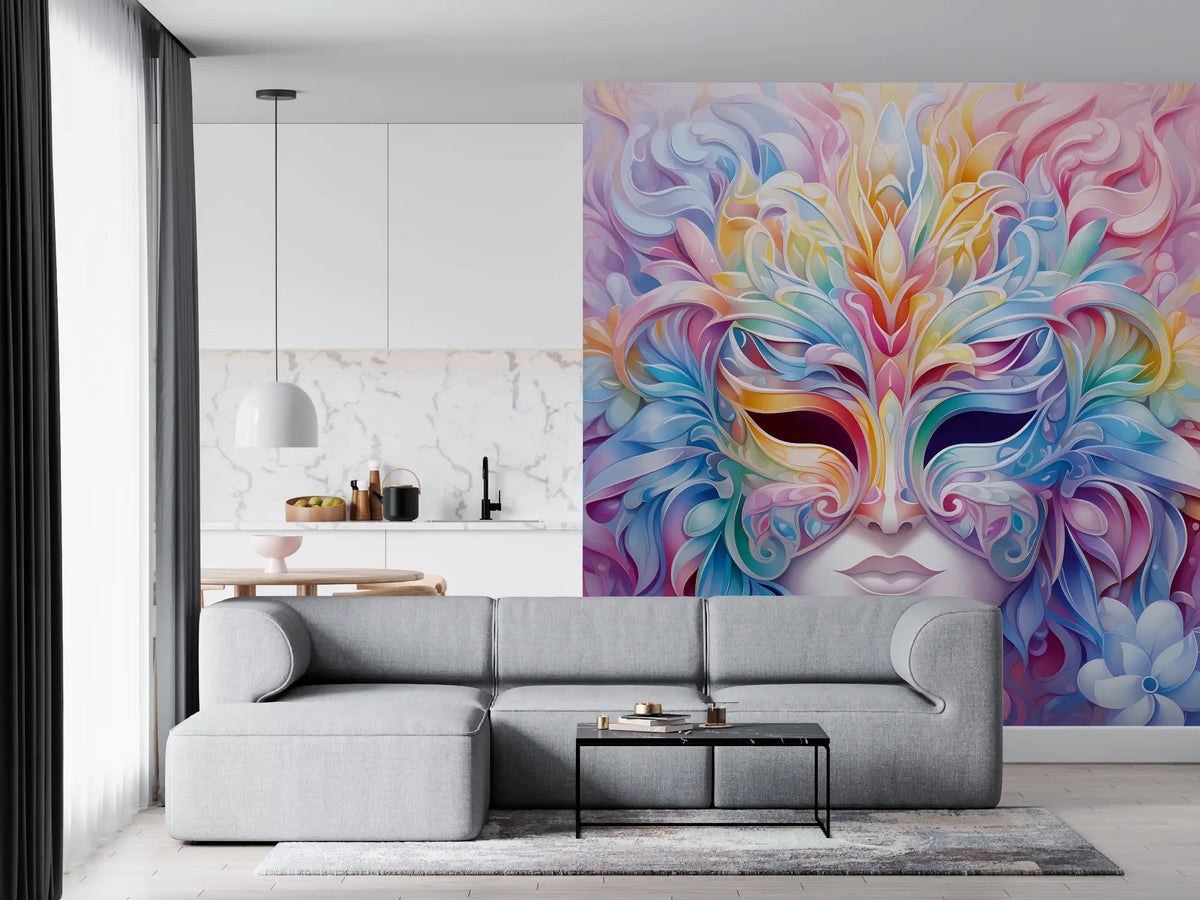 Pastel Floral Masquerade Motif Wall Mural
