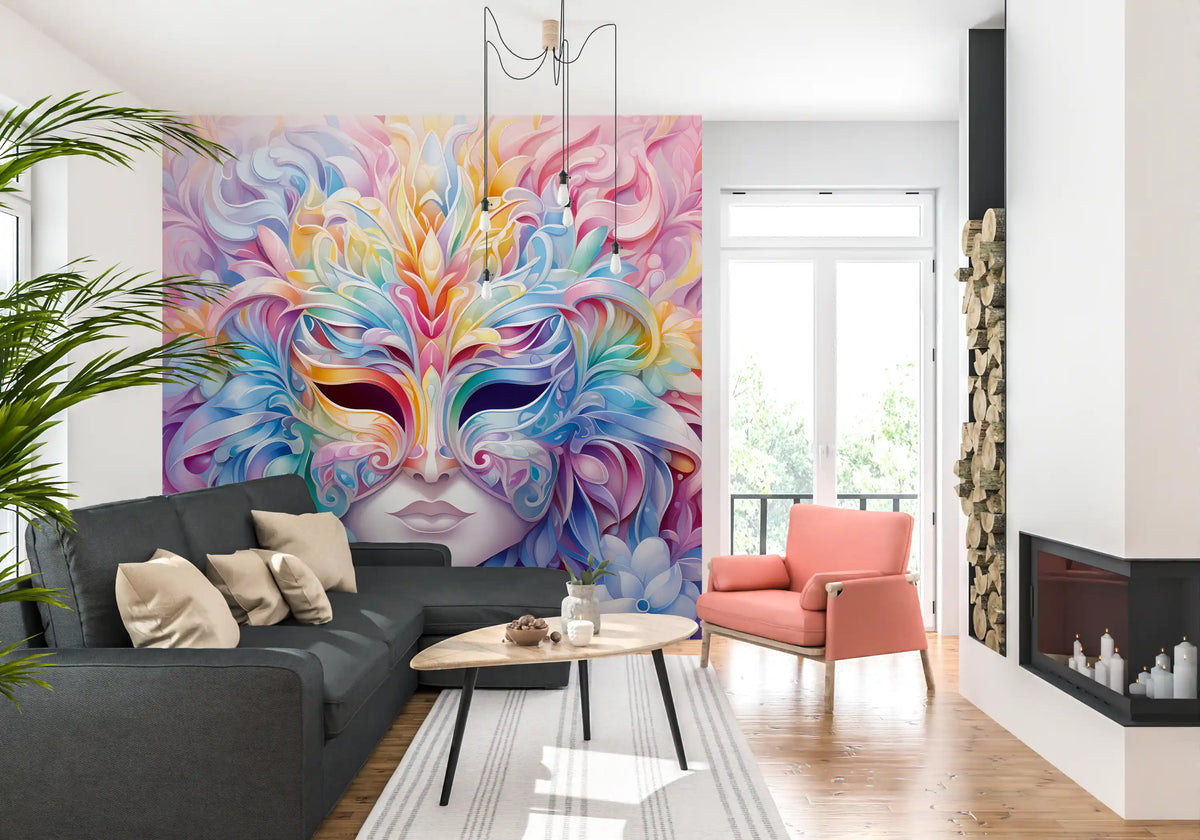 Pastel Floral Masquerade Motif Wall Mural