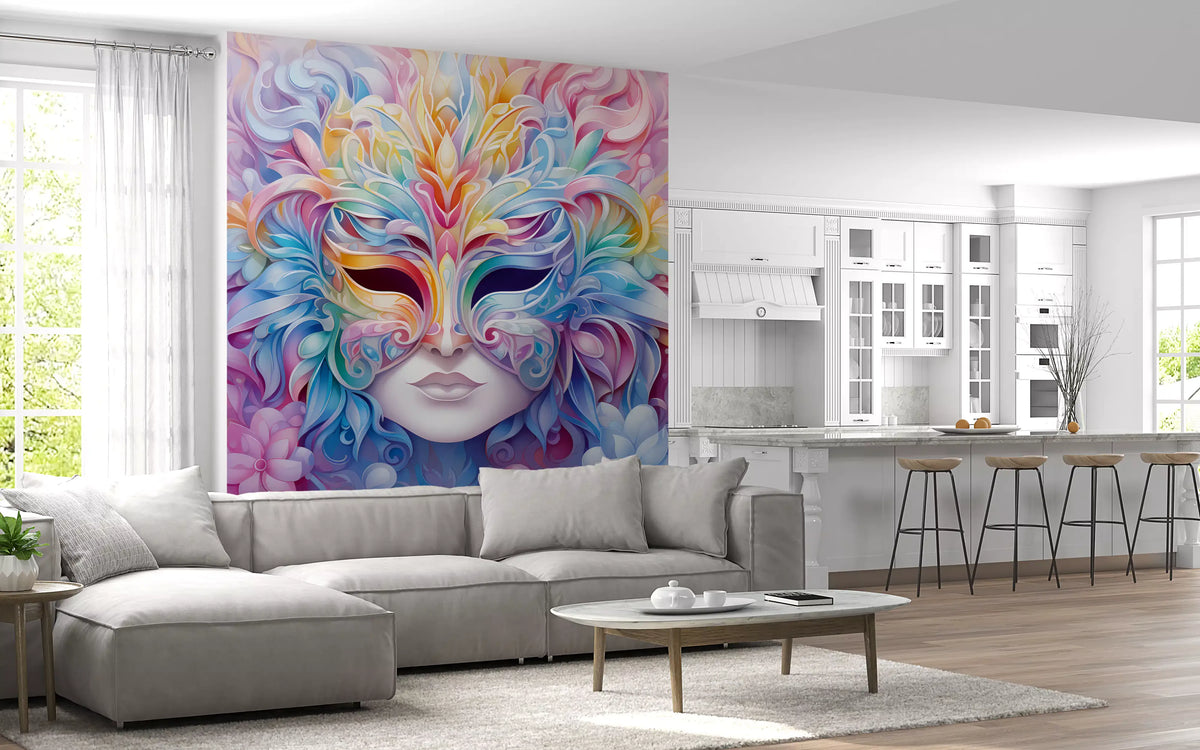 Pastel Floral Masquerade Motif Wall Mural