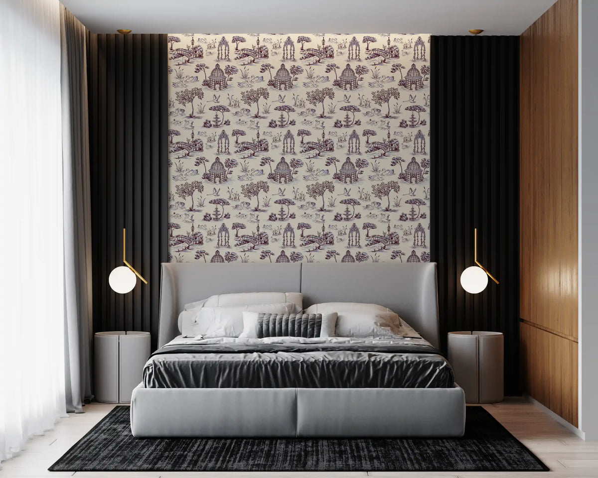 Modern Toile de Jouy Swan Victorian Garden Scenery - Unexpected Contrast Wallpaper⁠