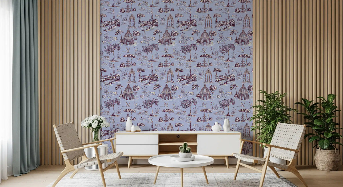 Modern Toile de Jouy Swan Victorian Garden Scenery - Warm & Cool Contrast Wallpaper⁠