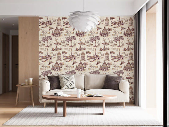 Living room with cream sofa and round wood coffee table on swan wallpaper GD13501