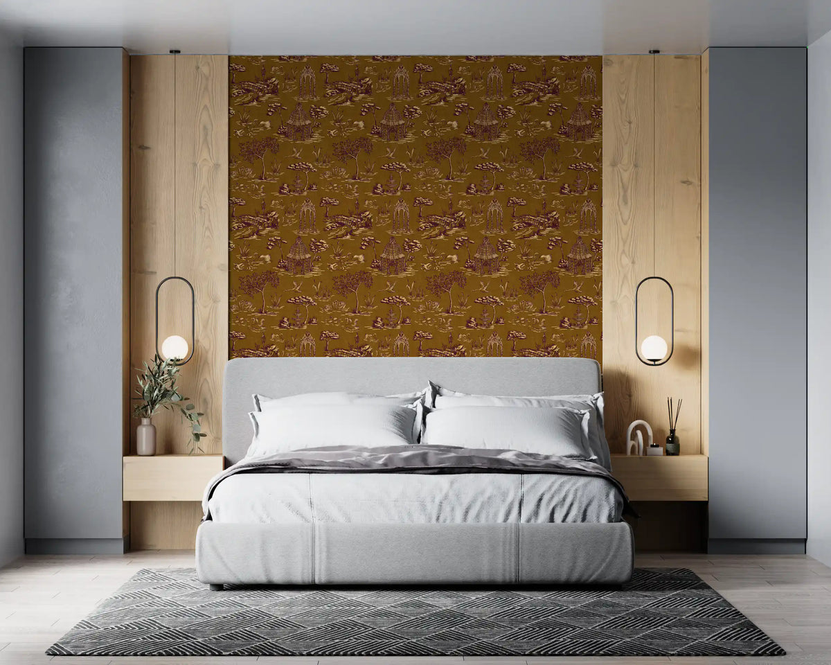 Modern Toile de Jouy Swan Victorian Garden Scenery - Regal Gilded Warmth Wallpaper⁠