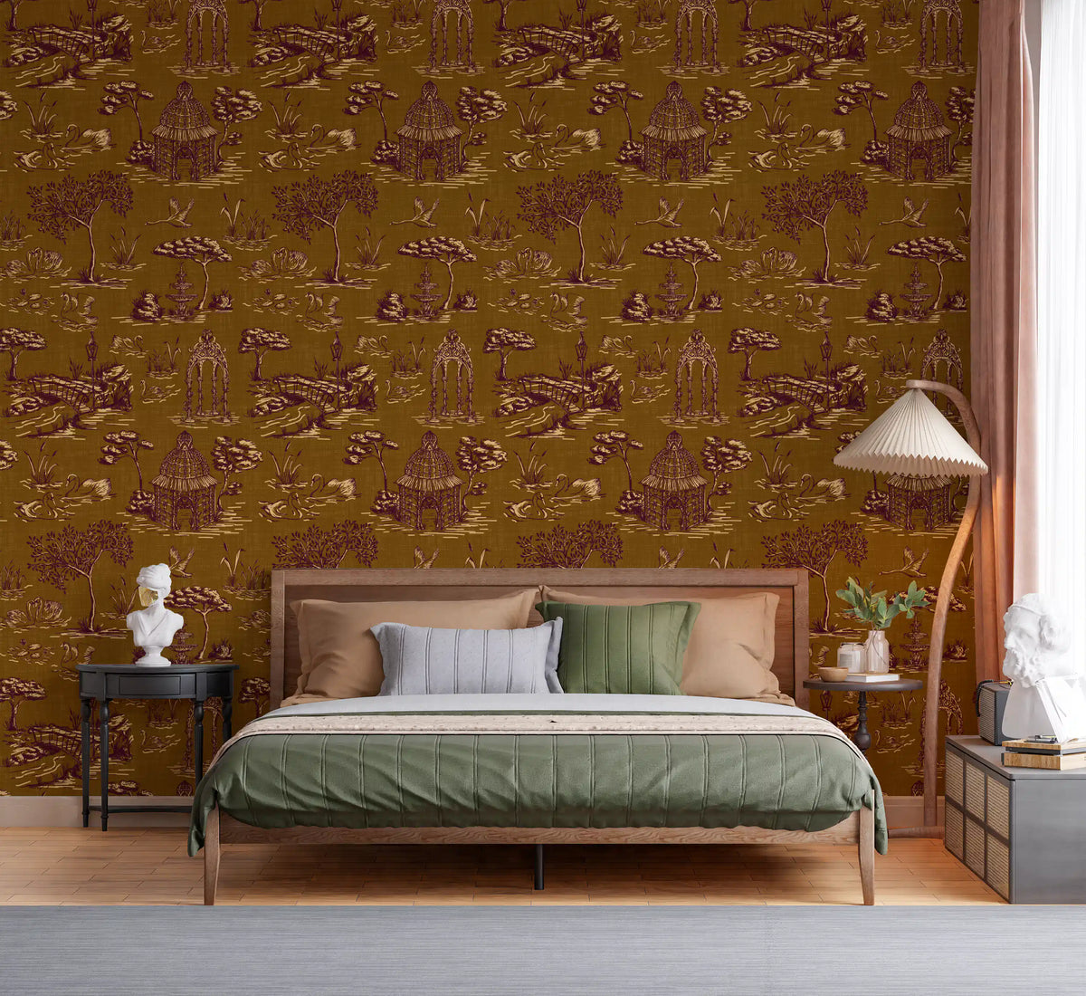 Modern Toile de Jouy Swan Victorian Garden Scenery - Regal Gilded Warmth Wallpaper⁠