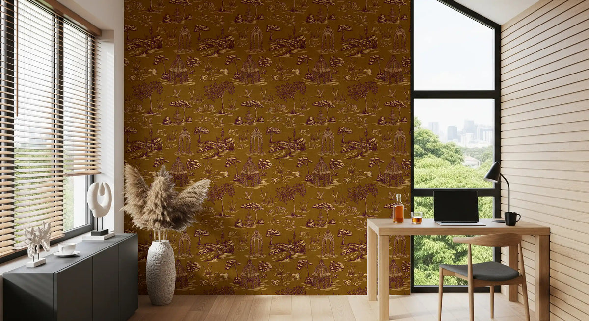 Modern Toile de Jouy Swan Victorian Garden Scenery - Regal Gilded Warmth Wallpaper⁠