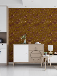 Modern Toile de Jouy Swan Victorian Garden Scenery - Regal Gilded Warmth Wallpaper⁠