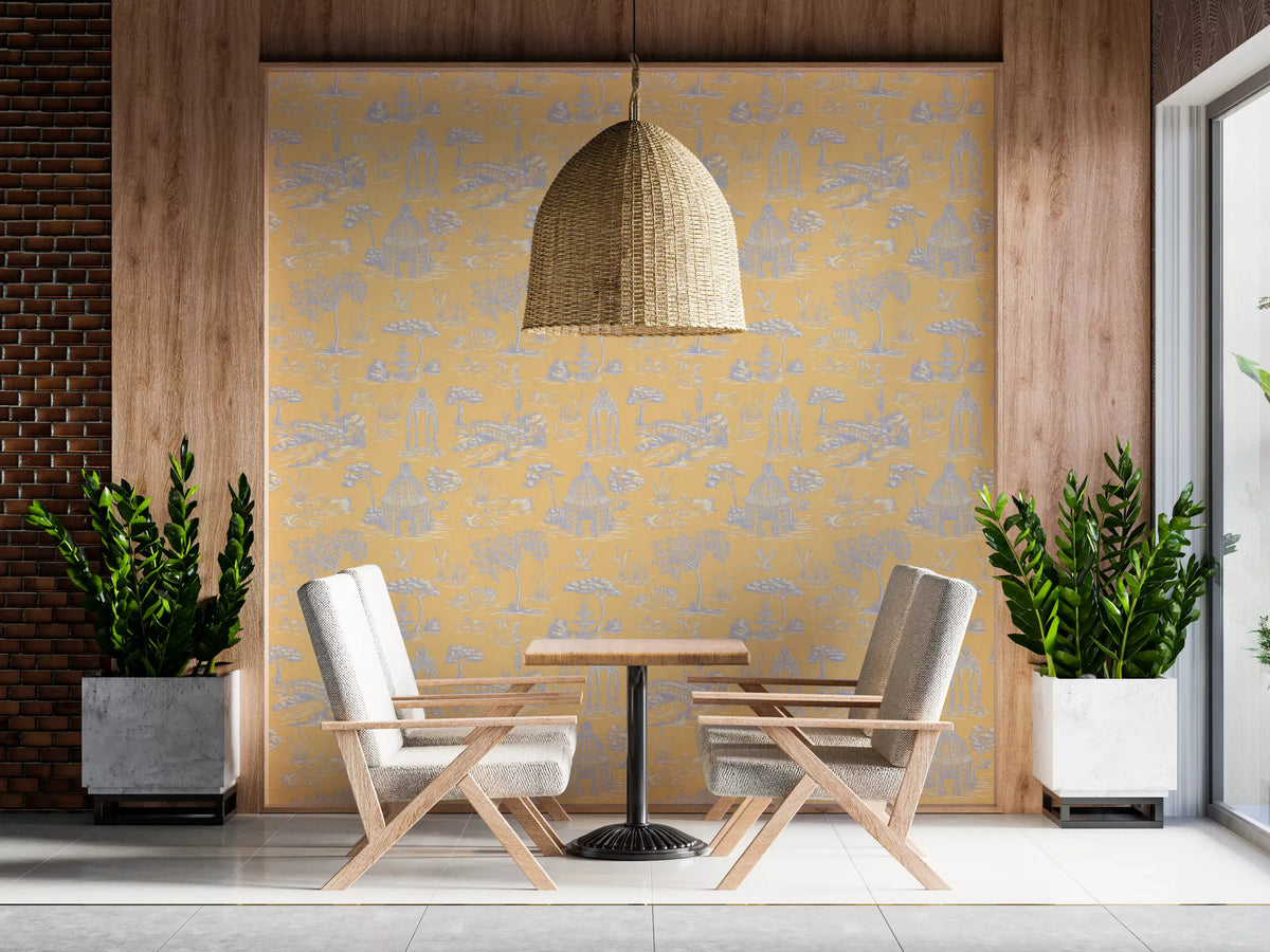 Modern Toile de Jouy Swan Victorian Garden Scenery - Modern Pastel Contrast Wallpaper⁠