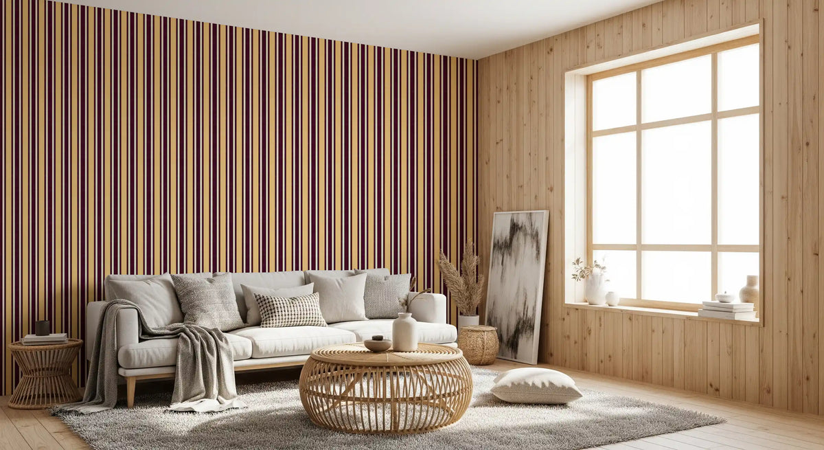 Ivy League Faux Linen Vertical Stripes - Butter Burgundy And Cream Wallpaper⁠