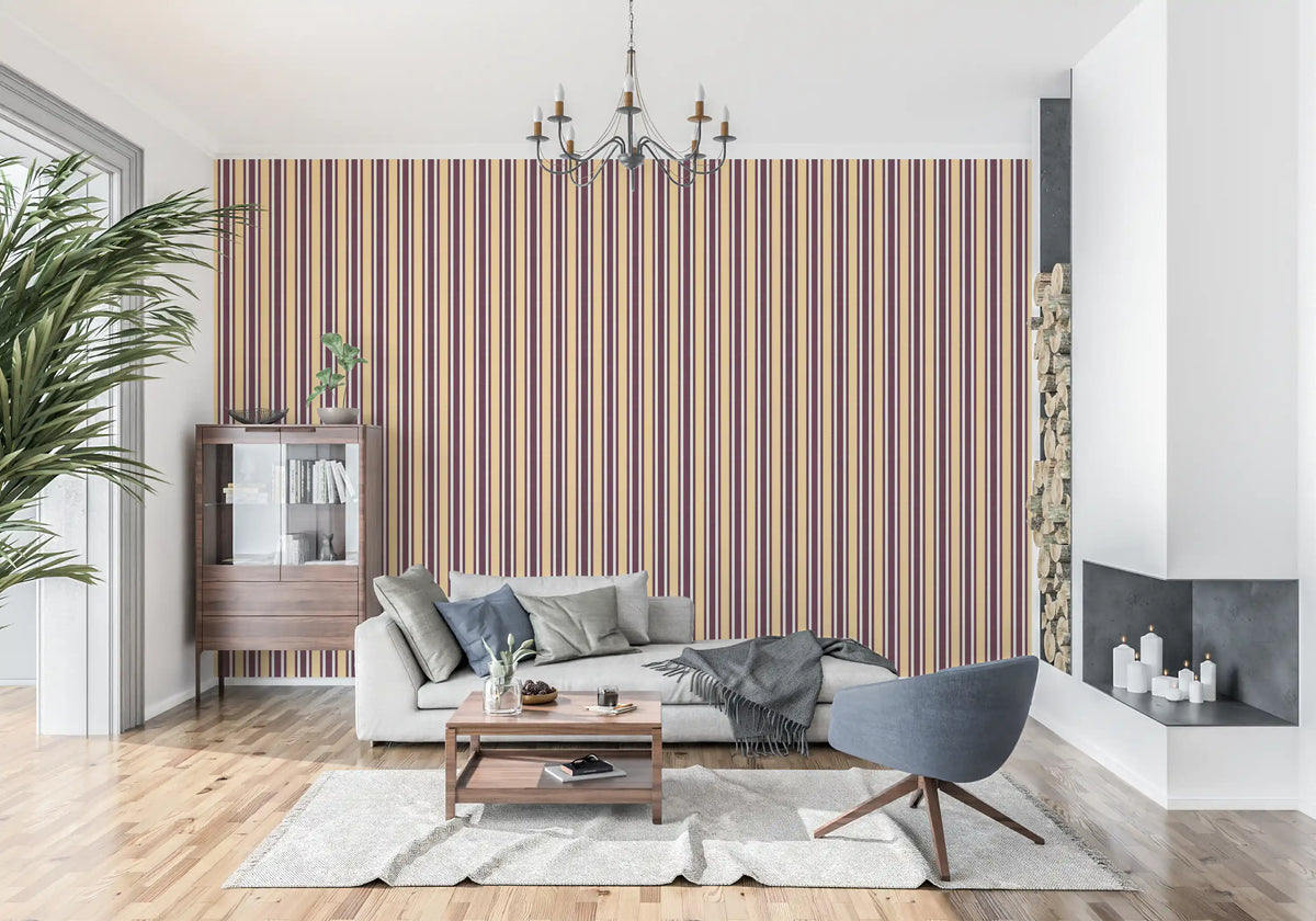 Ivy League Faux Linen Vertical Stripes - Butter Burgundy And Cream Wallpaper⁠