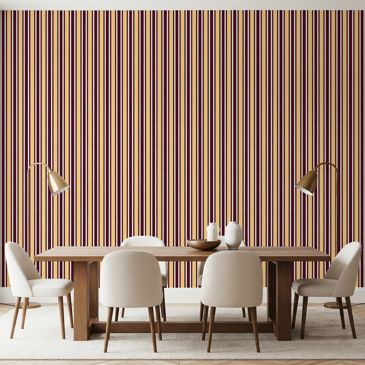 Ivy League Faux Linen Vertical Stripes - Butter Burgundy And Cream Wallpaper⁠