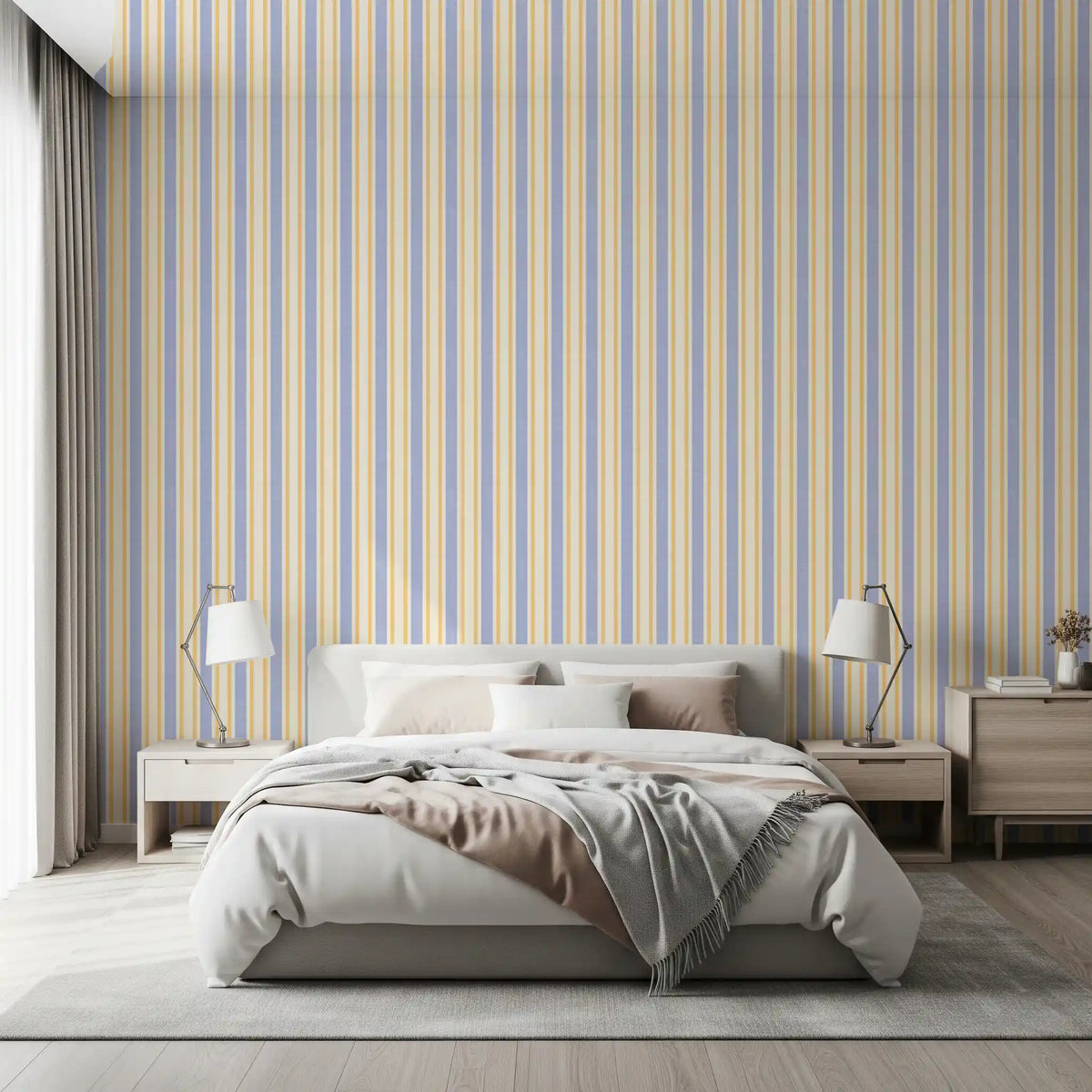Ivy League Faux Linen Vertical Stripes - Butter Lilac And Cream Wallpaper⁠