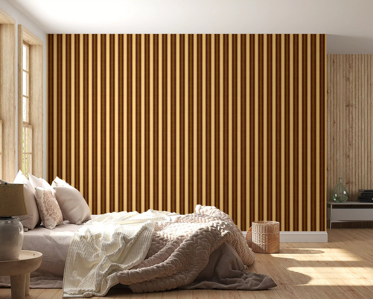 Ivy League Faux Linen Vertical Stripes - Butter Mustard And Burgundy Wallpaper⁠
