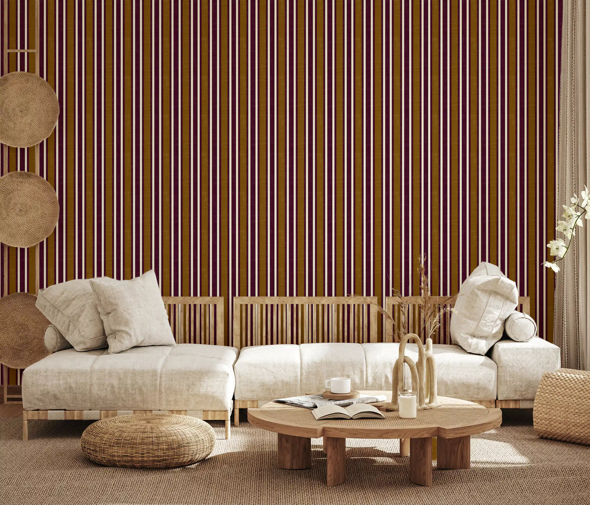 Ivy League Faux Linen Vertical Stripes - Burgundy Mustard And Cream Wallpaper⁠