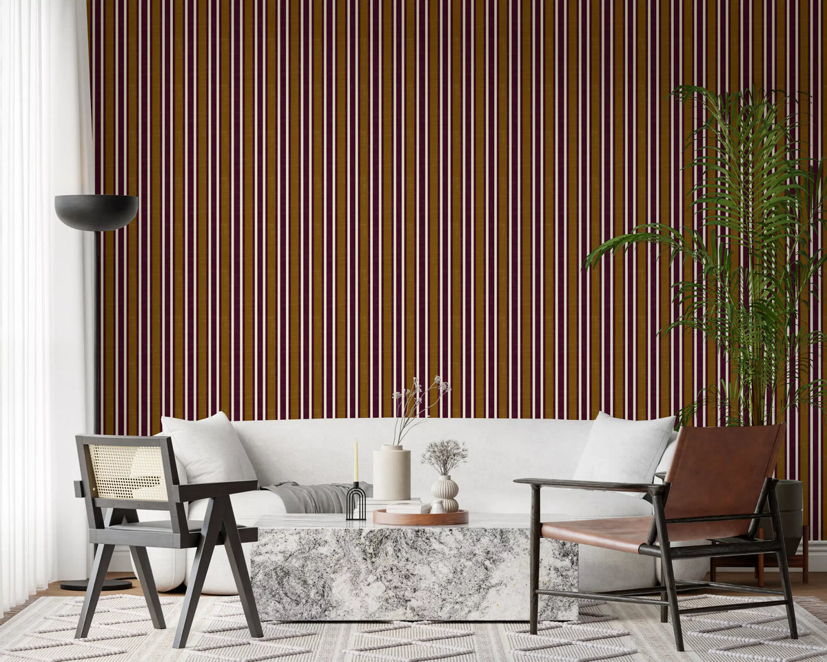 Ivy League Faux Linen Vertical Stripes - Burgundy Mustard And Cream Wallpaper⁠