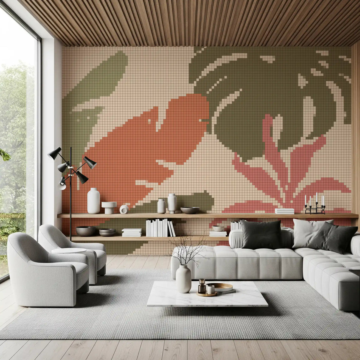 Retro Botanical Mosaic Motif Wall Mural