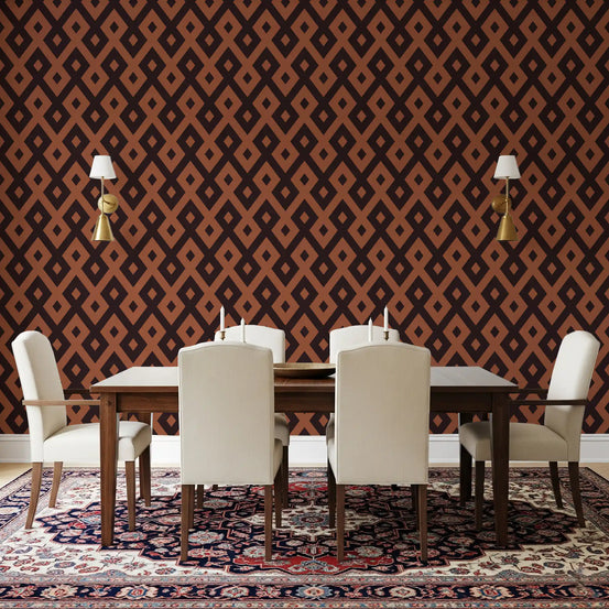 Dining room with dark wood table, cream chairs and Persian rug by geometric wallpaper GD13515
