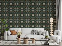 Midnight Botanical Geometric Grid Wallpaper⁠