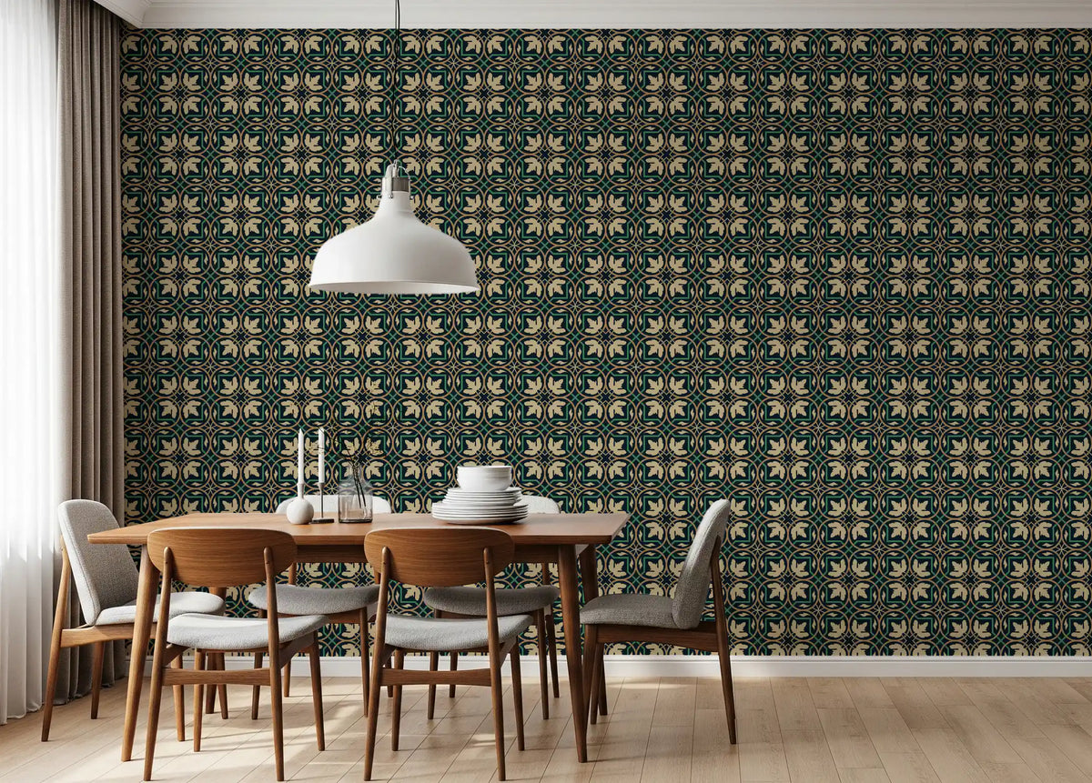 Midnight Botanical Geometric Grid Wallpaper⁠