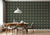 Midnight Botanical Geometric Grid Wallpaper⁠