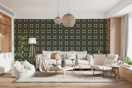 Living room with cream sofa, round wood tables and rattan pendants by botanical wallpaper GD13516