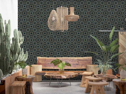 Live edge wood bench and tables with cactus and rattan pendants by a gold star lattice GD13517